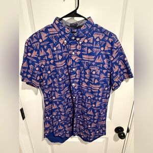 Slim J.Crew Blue and Orange Sailboat Men's Shirt - Large